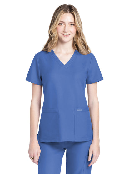 Women's 2-Pocket V-Neck Top - CK953A - Ciel Blue