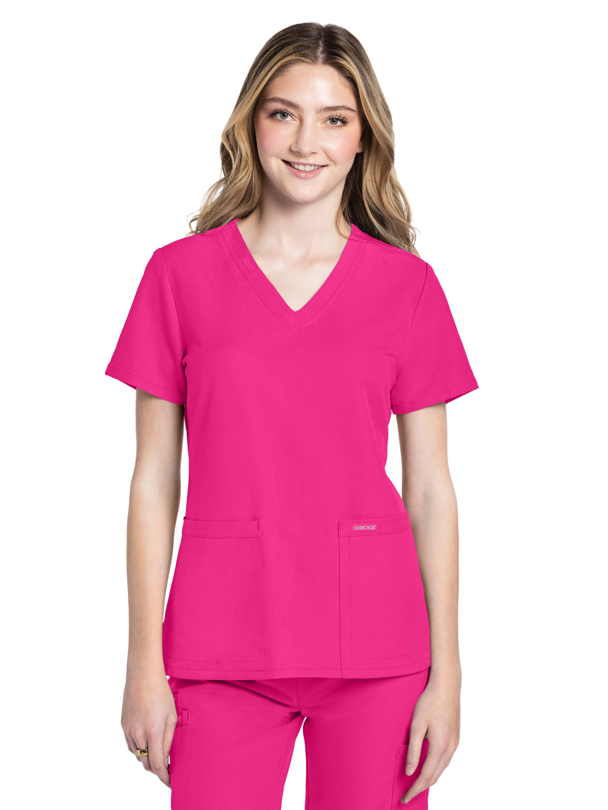 Women's 2-Pocket V-Neck Top - CK953A - Electric Pink
