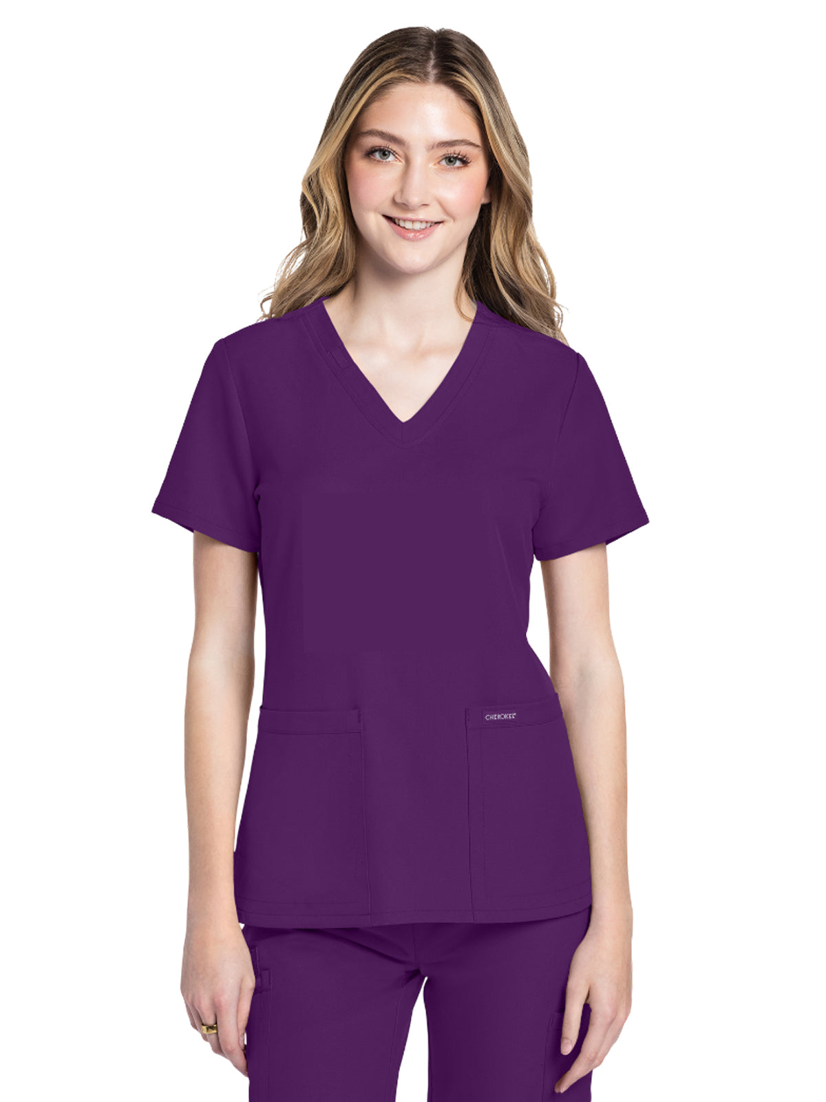 Women's 2-Pocket V-Neck Top - CK953A - Eggplant
