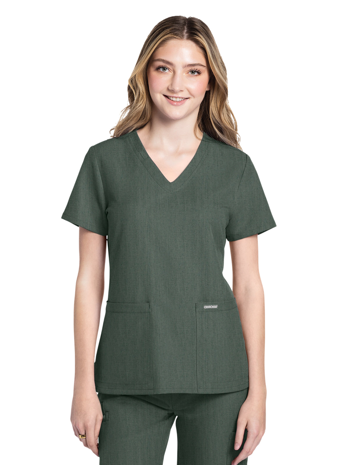 Women's 2-Pocket V-Neck Top - CK953A - Heather Forest Moss