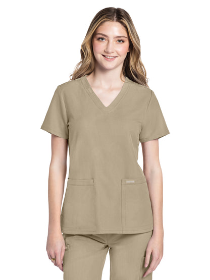 Women's 2-Pocket V-Neck Top - CK953A - Khaki