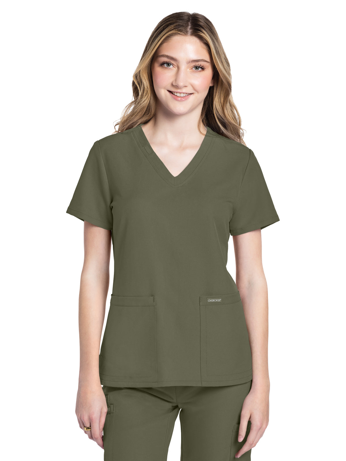 Women's 2-Pocket V-Neck Top - CK953A - Olive
