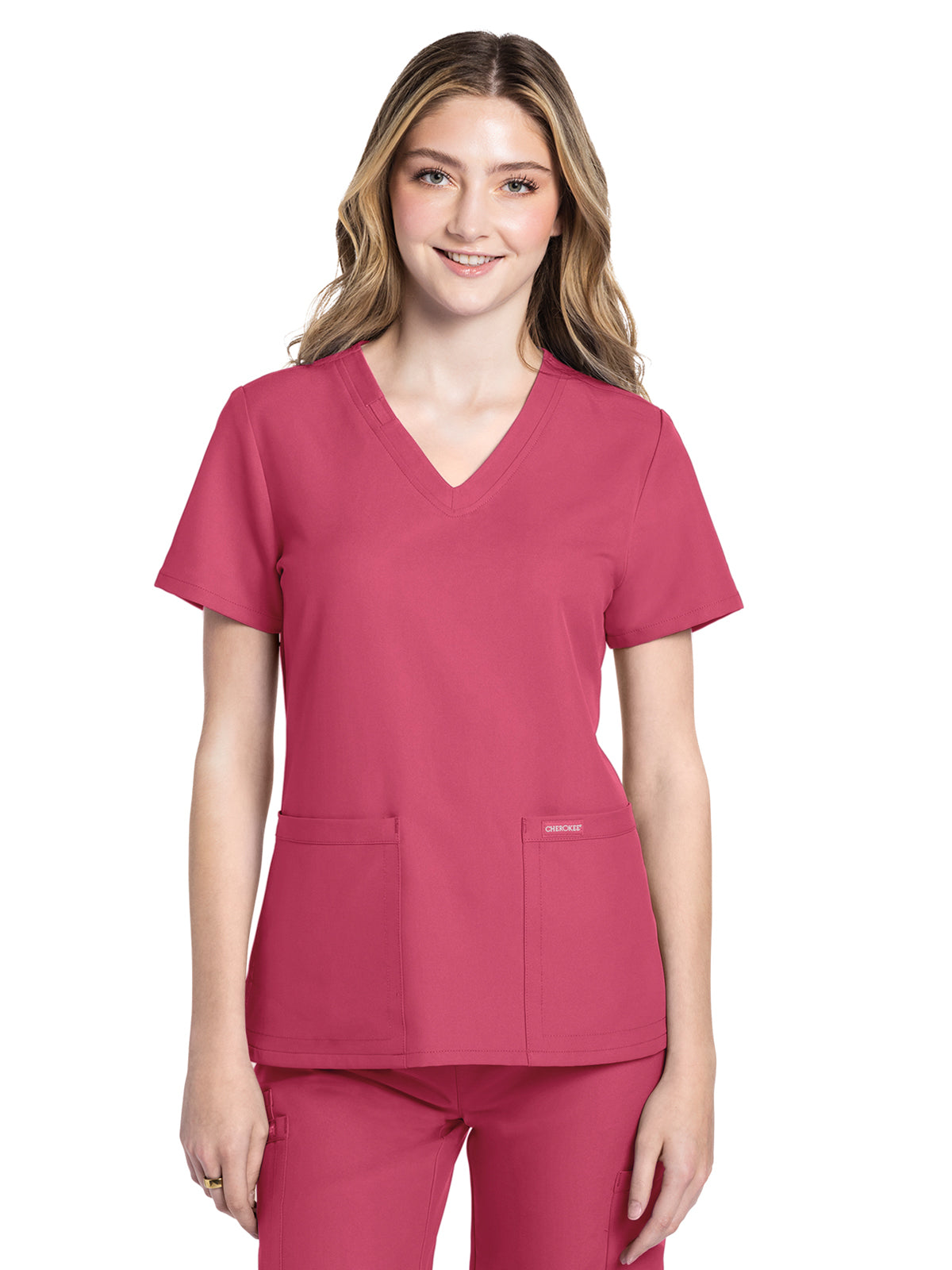 Women's 2-Pocket V-Neck Top - CK953A - Rapture Rose