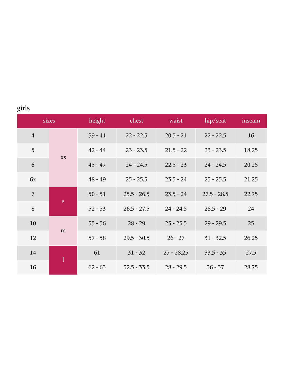 SIZECHART