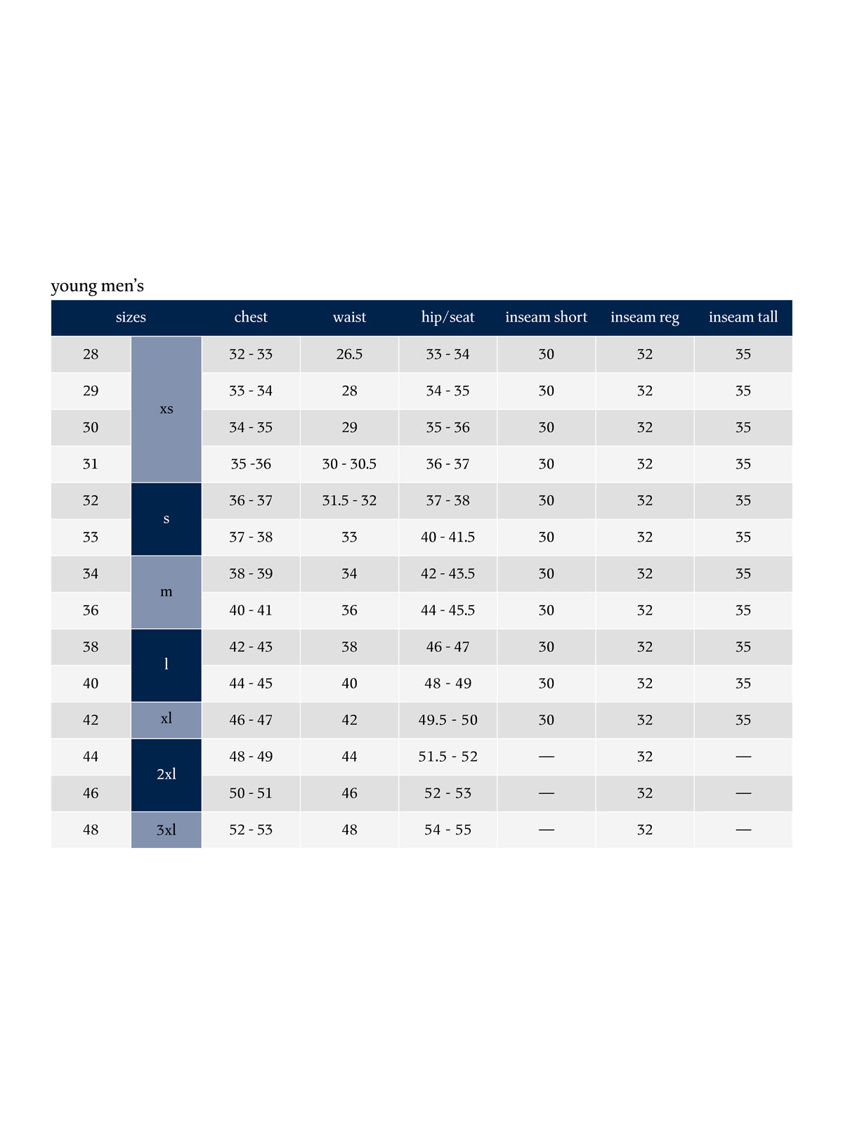 SIZECHART
