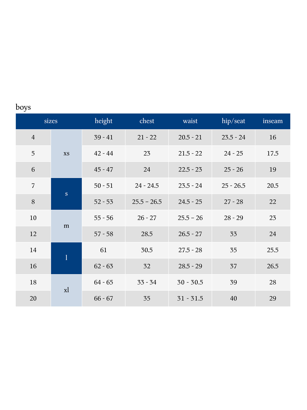 SIZECHART