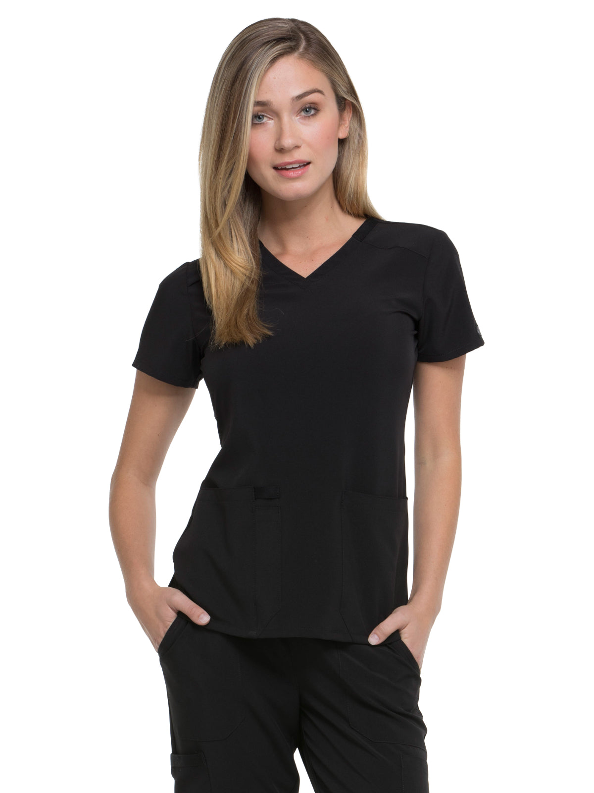 Women's 2-Pocket Contemporary V-Neck Top - DK615 - Black