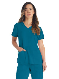 Women's 2-Pocket Contemporary V-Neck Top - DK615 - Caribbean Blue