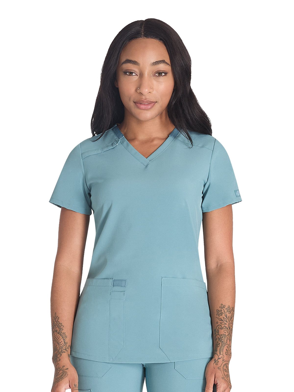 Women's 2-Pocket Contemporary V-Neck Scrub Top - DK615 - Mineral Blue