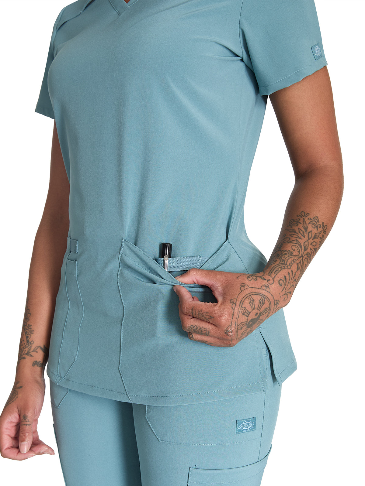 Women's 2-Pocket Contemporary V-Neck Scrub Top - DK615 - Mineral Blue