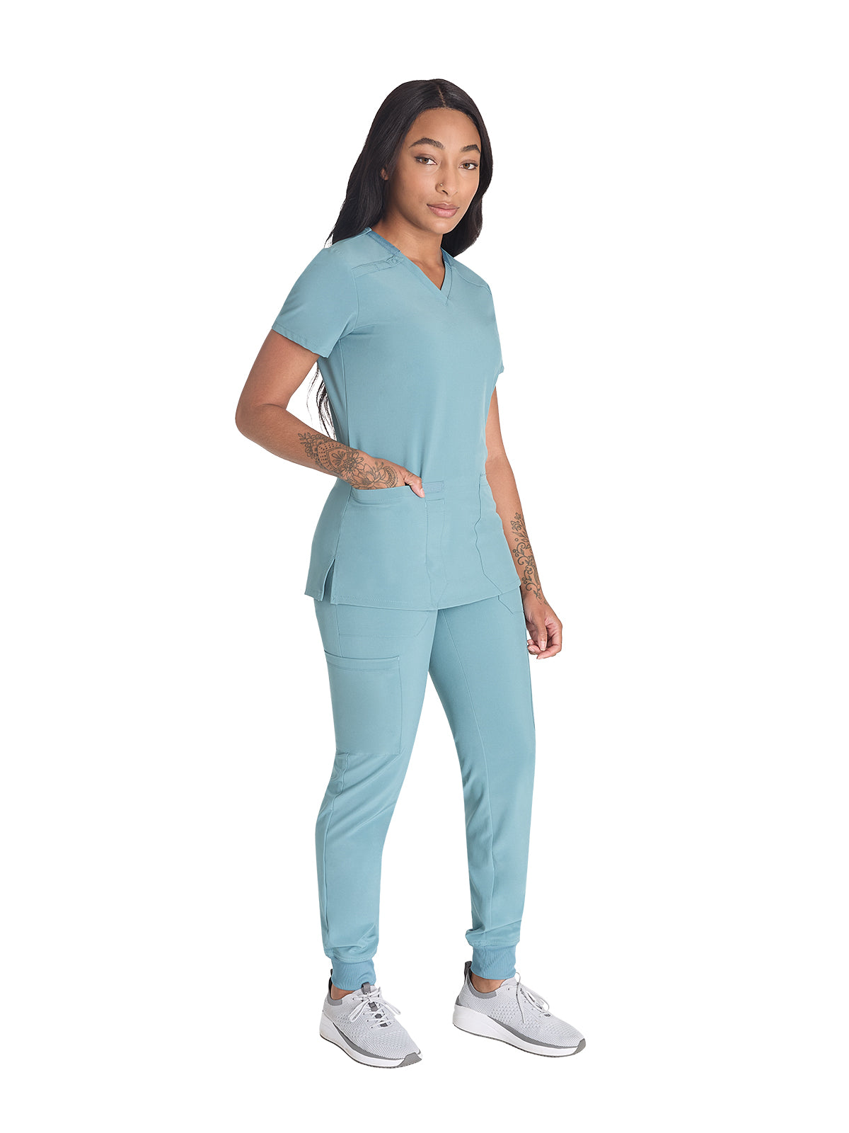 Women's 2-Pocket Contemporary V-Neck Scrub Top - DK615 - Mineral Blue