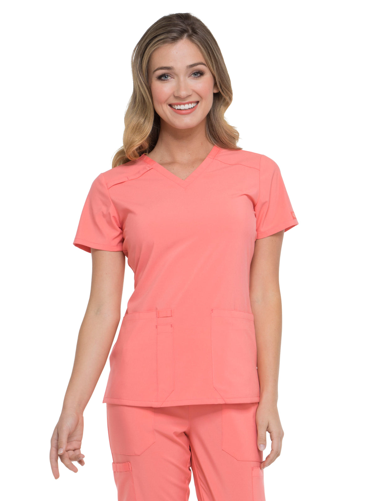 Women's 2-Pocket Contemporary V-Neck Top - DK615 - Ravishing Coral