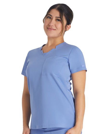 Women's 2-Pocket Notched V-Neck Top - DK671 - Ciel
