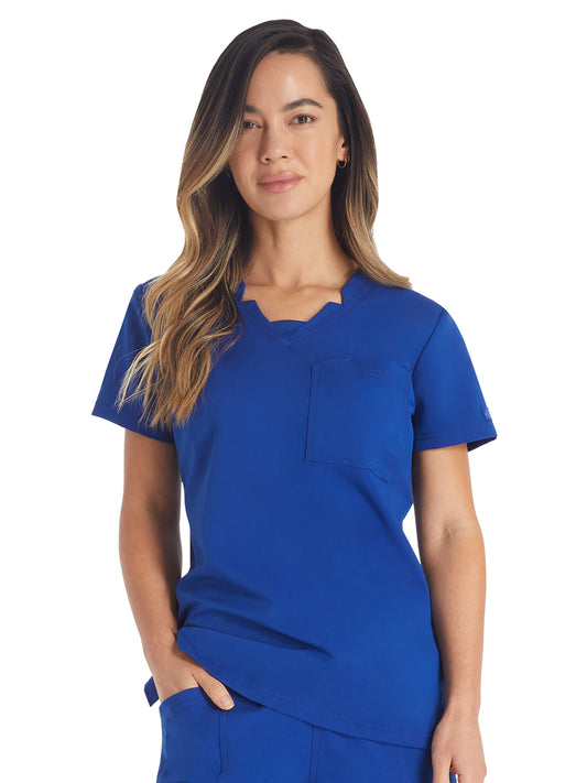 Women's 2-Pocket Notched V-Neck Top - DK671 - Galaxy Blue