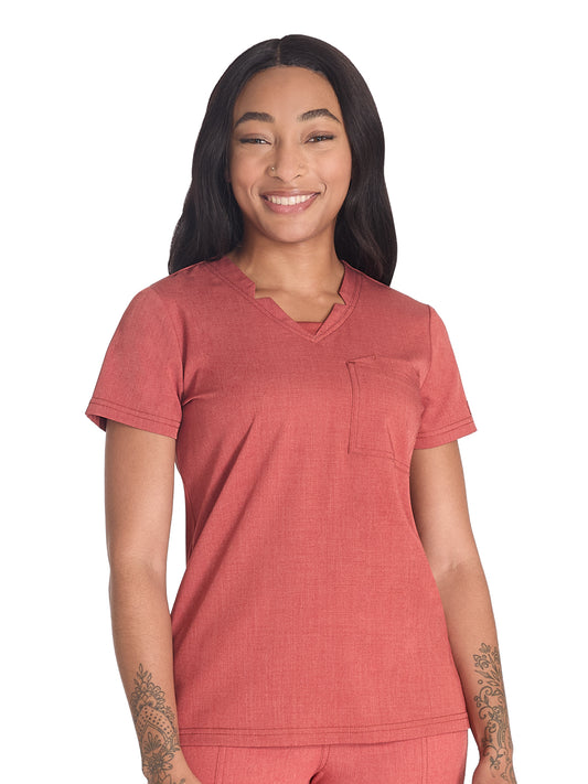 Women's 2-Pocket Notched V-Neck Scrub Top - DK671 - Heather Clay