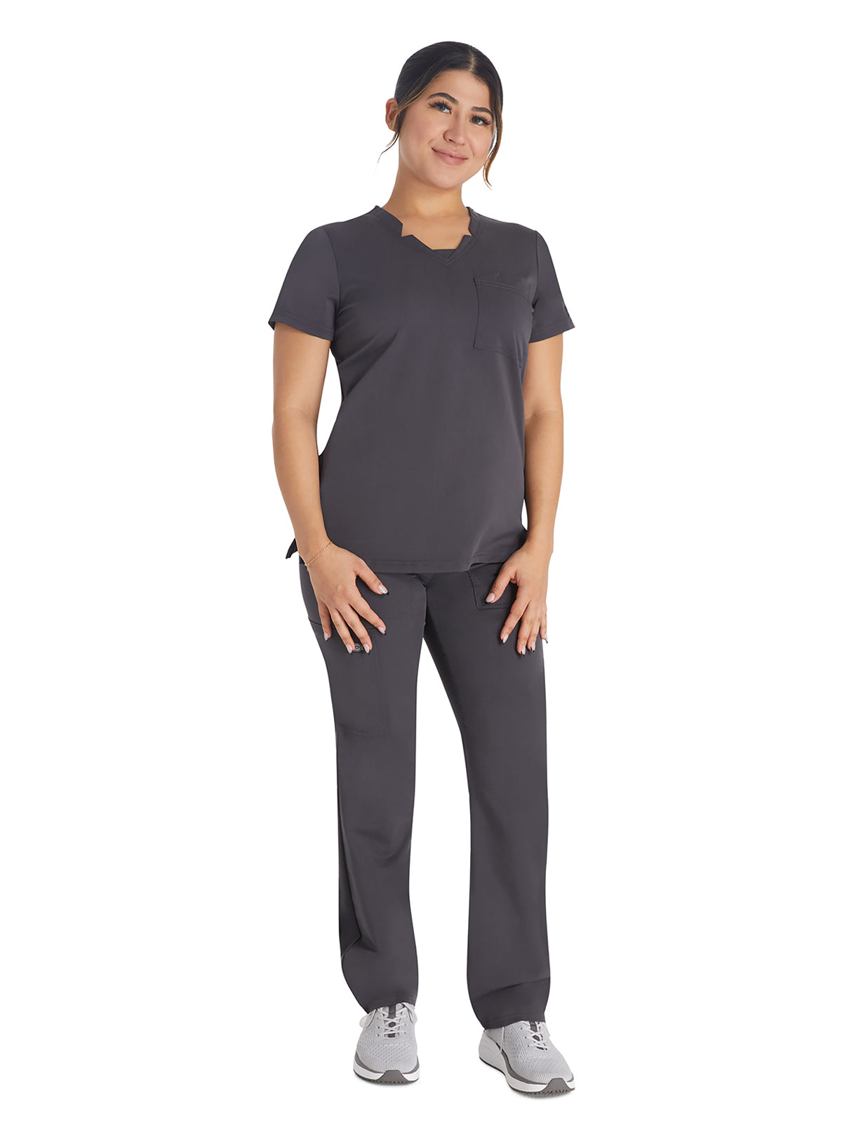 Women's 2-Pocket Notched V-Neck Scrub Top - DK671 - Pewter