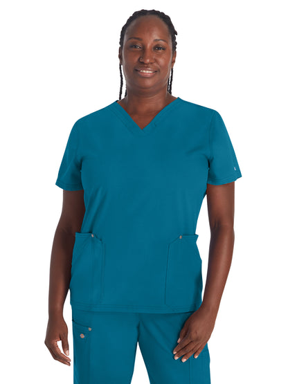 Women's 4-Pocket V-Neck Top - DK678 - Caribbean Blue