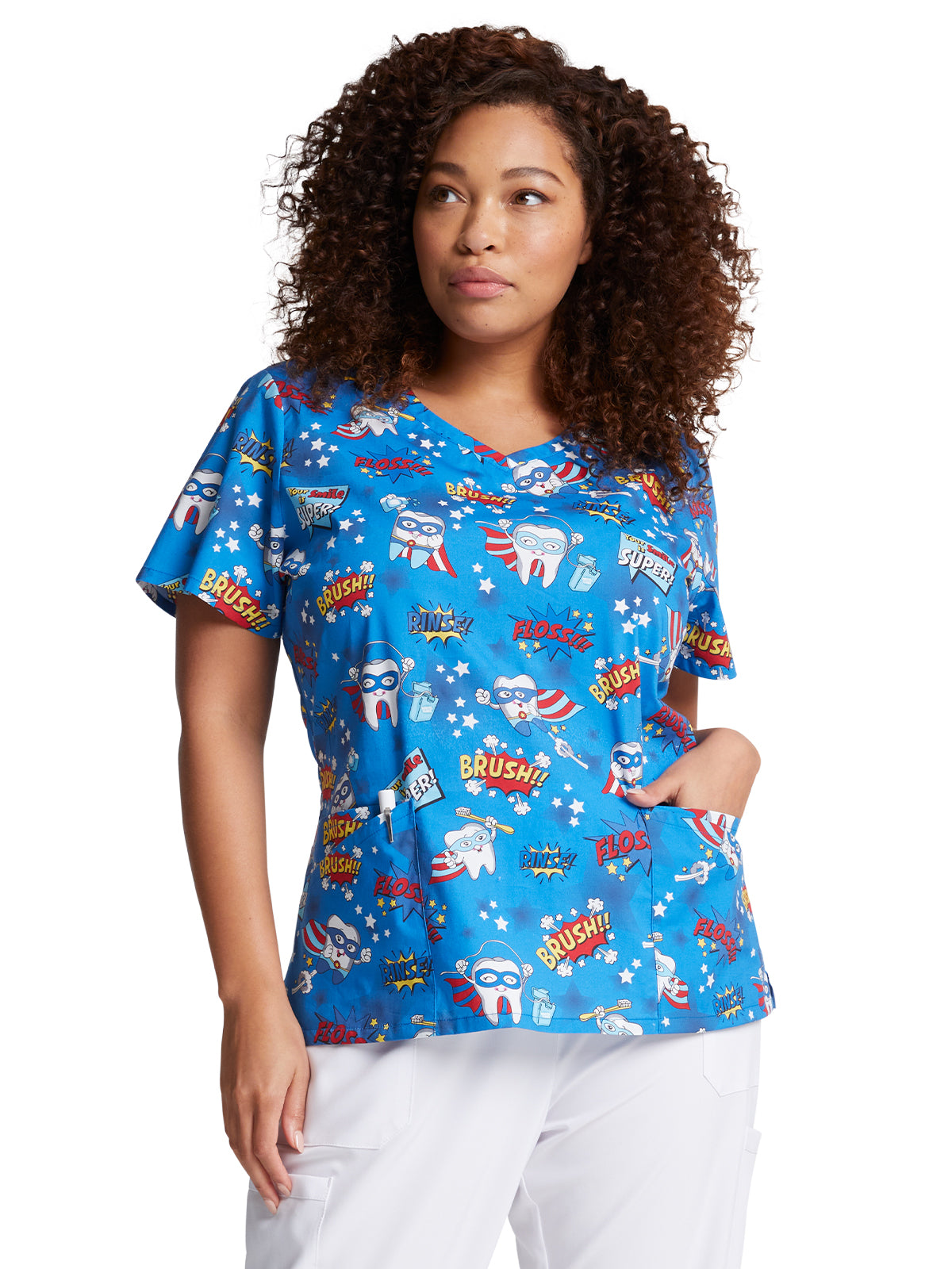 Women's 4-Pocket V-Neck Print Scrub Top - DK721 - Super Smile