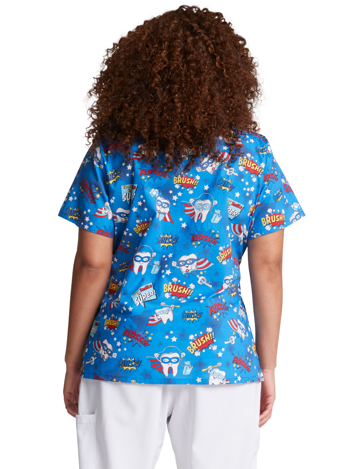 Women's 4-Pocket V-Neck Print Scrub Top - DK721 - Super Smile