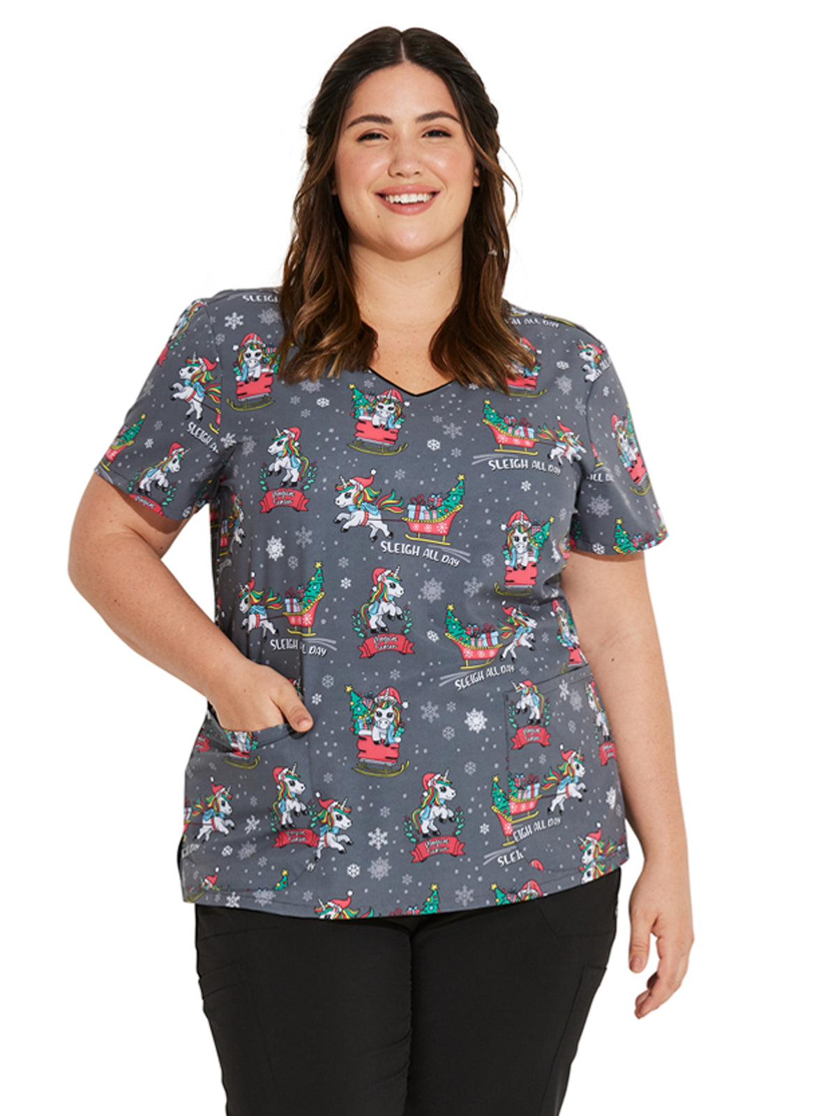 Women's V-Neck Print Top - DK852 - Sleigh All Day Magic