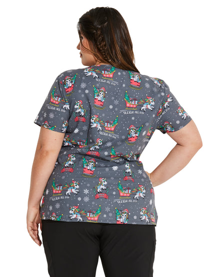 Women's V-Neck Print Top - DK852 - Sleigh All Day Magic