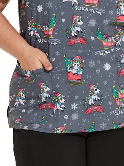 Women's V-Neck Print Top - DK852 - Sleigh All Day Magic