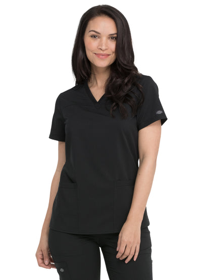 Women's V-Neck Top With Rib Knit Panels - DK870 - Black