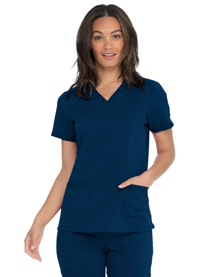 Women's V-Neck Top With Rib Knit Panels - DK870 - Navy