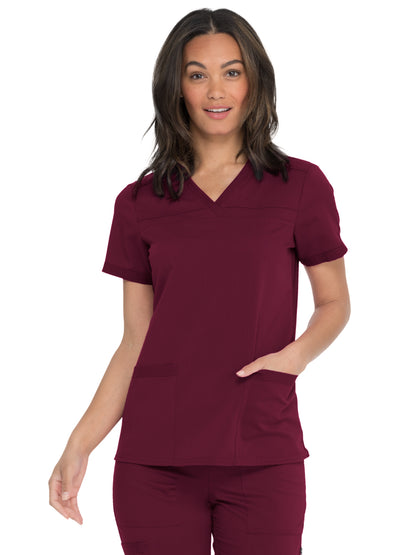 Women's V-Neck Top With Rib Knit Panels - DK870 - Wine