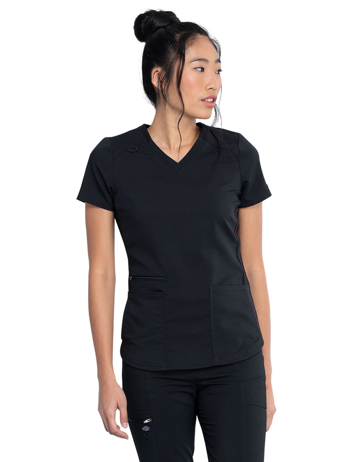 Women's 5-Pocket Rib Knit V-Neck Scrub Top - DK875 - Black