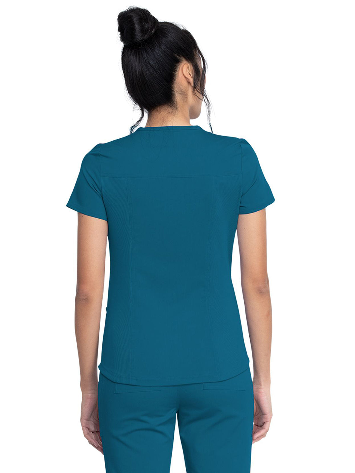 Women's 5-Pocket Rib Knit V-Neck Scrub Top - DK875 - Caribbean Blue