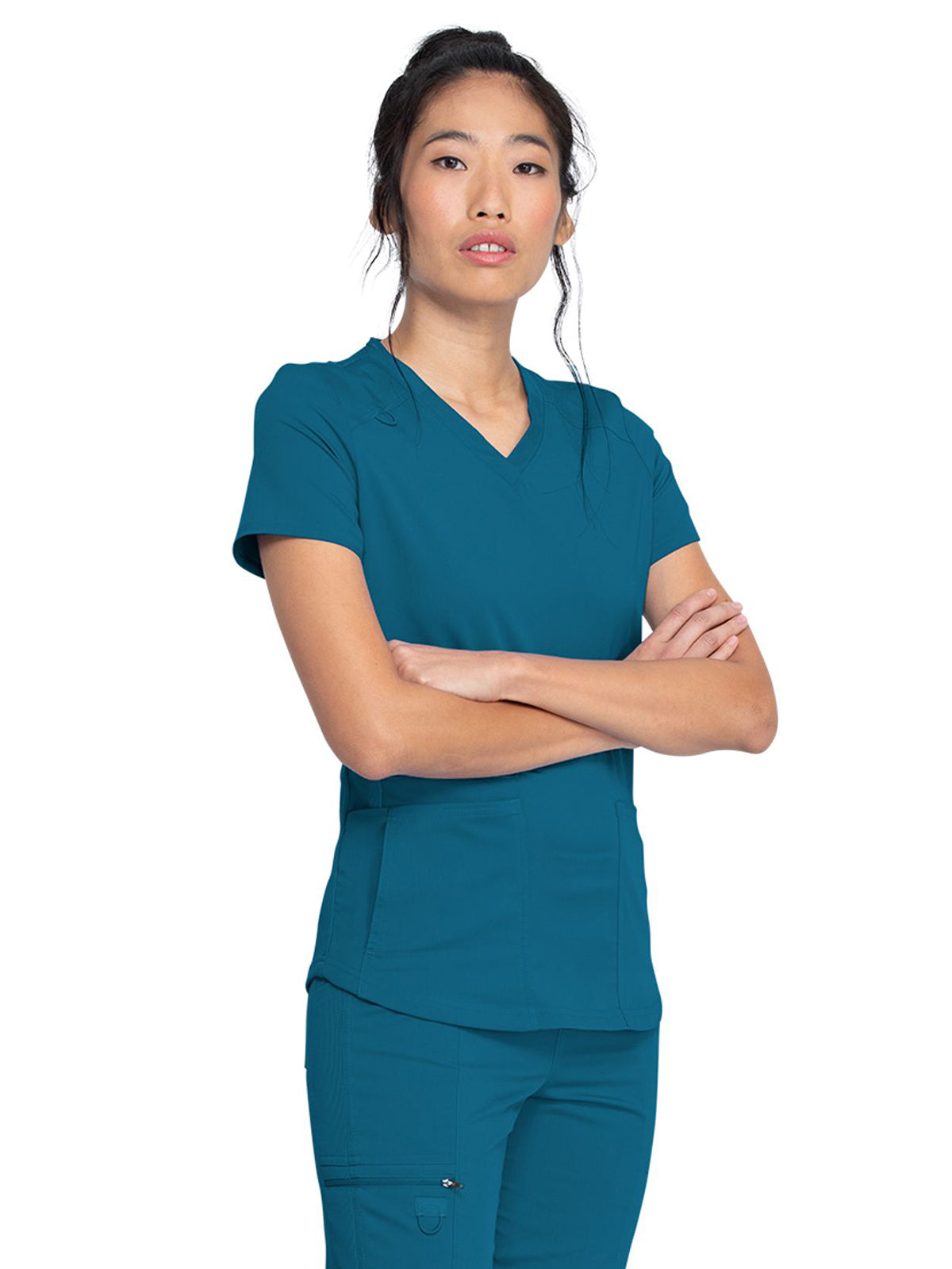 Women's 5-Pocket Rib Knit V-Neck Scrub Top - DK875 - Caribbean Blue