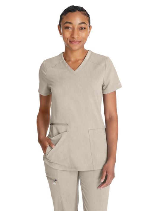 Women's 5-Pocket Rib Knit V-Neck Scrub Top - DK875 - Heather Blonde Wood