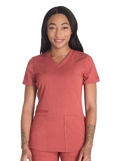 Women's 5-Pocket Rib Knit V-Neck Scrub Top - DK875 - Heather Clay