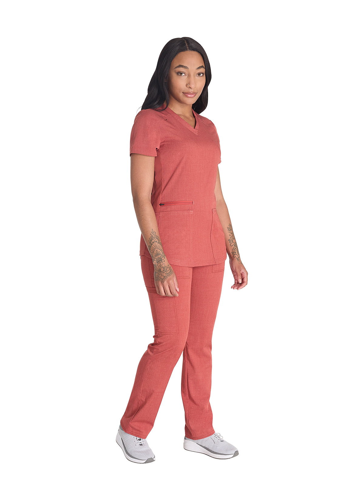 Women's 5-Pocket Rib Knit V-Neck Scrub Top - DK875 - Heather Clay