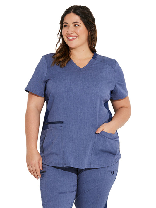 Women's 5-Pocket Rib Knit V-Neck Scrub Top - DK875 - Heather Navy