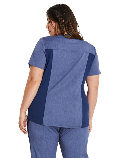 Women's 5-Pocket Rib Knit V-Neck Scrub Top - DK875 - Heather Navy