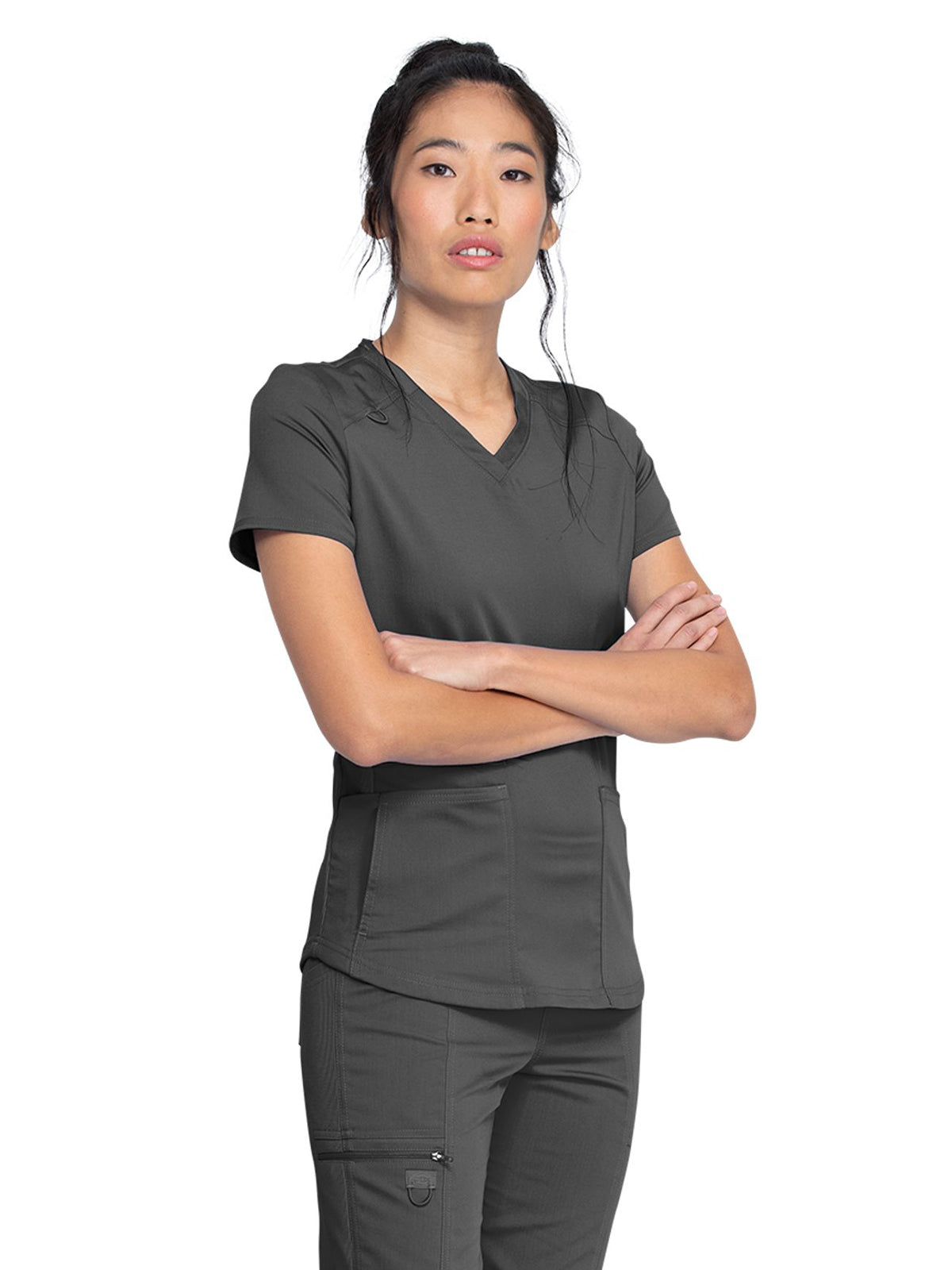 Women's 5-Pocket Rib Knit V-Neck Scrub Top - DK875 - Pewter