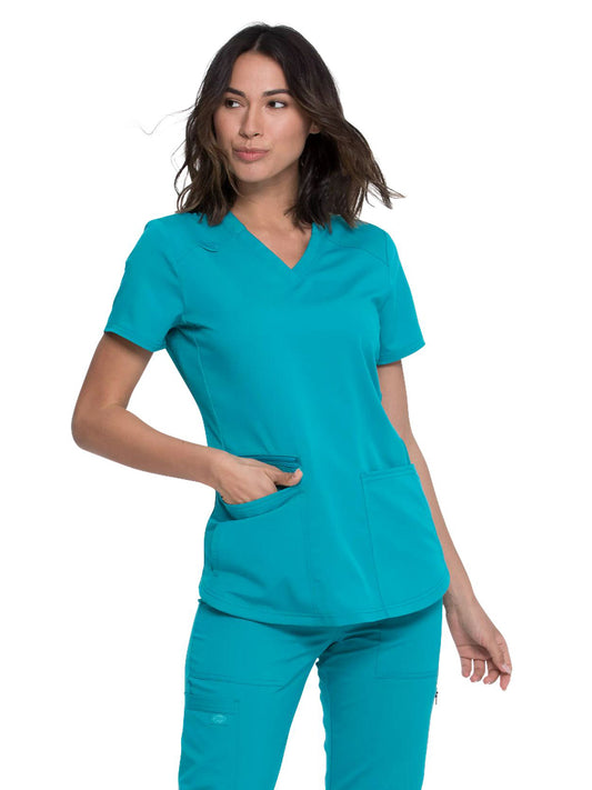 Women's 5-Pocket Rib Knit V-Neck Scrub Top - DK875 - Teal Blue