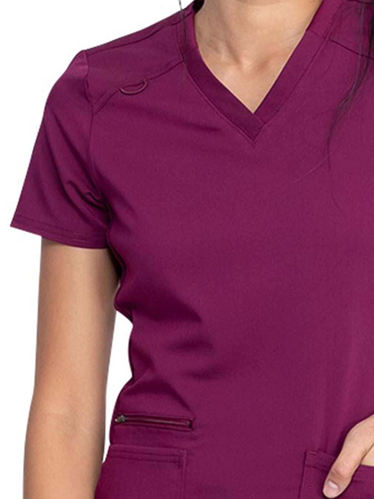 Women's 5-Pocket Rib Knit V-Neck Scrub Top - DK875 - Wine