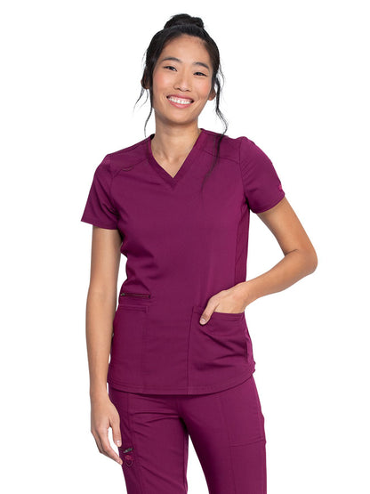 Women's 5-Pocket Rib Knit V-Neck Scrub Top - DK875 - Wine