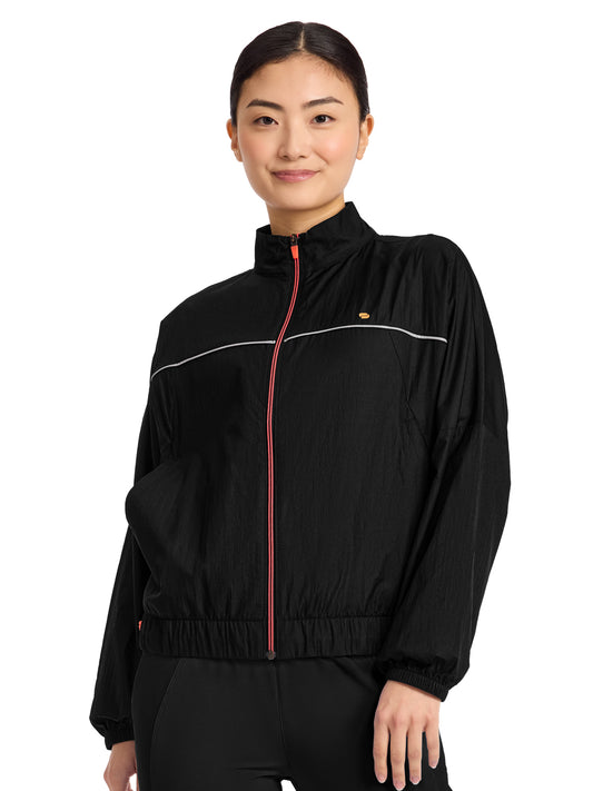 Women's 2-Pocket Mock Neck Windbreaker Jacket - IN506 - Black