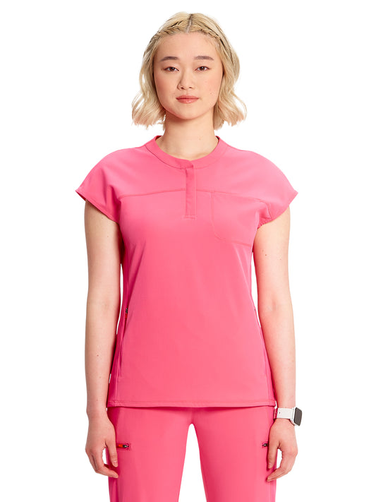 Women's Henley Scrub Top - IN622A - Power Pink