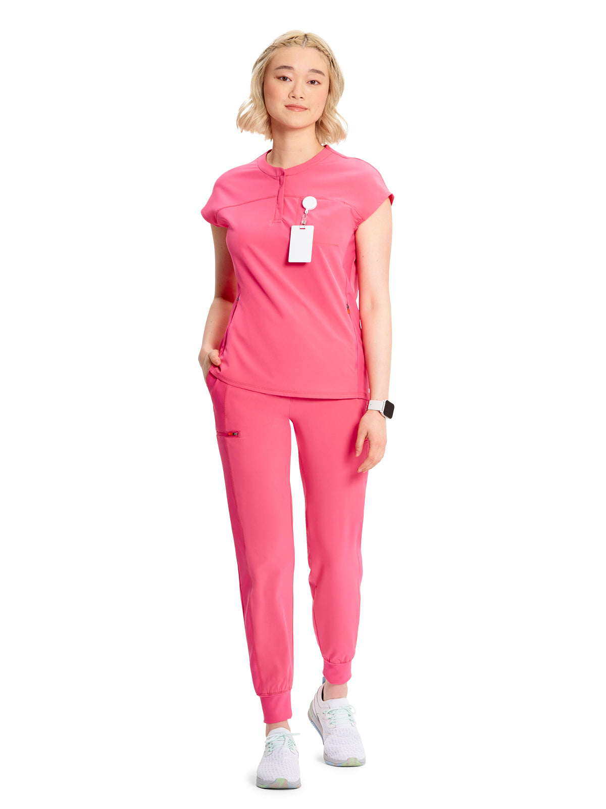 Women's Henley Scrub Top - IN622A - Power Pink