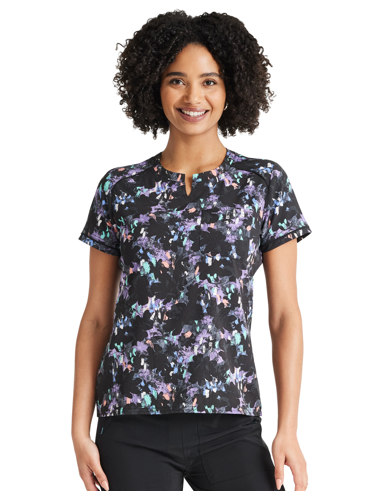 Women's 3-Pocket Round Neck Print Scrub Top - IP723 - Blooms In Motion