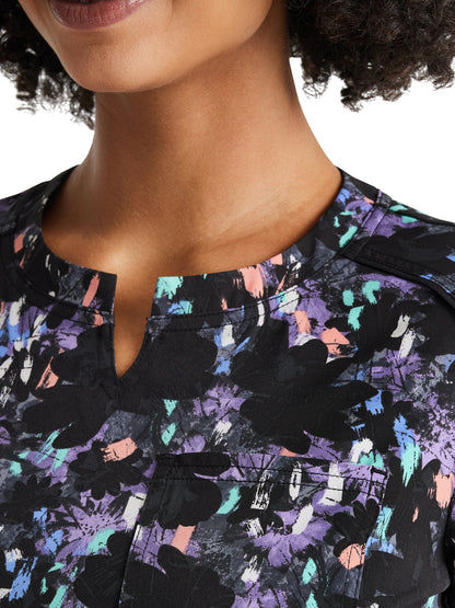 Women's 3-Pocket Round Neck Print Scrub Top - IP723 - Blooms In Motion