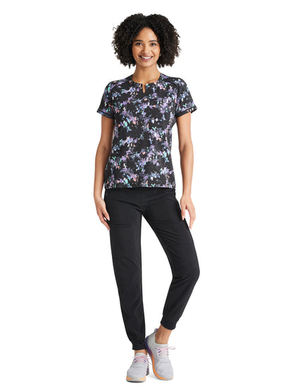 Women's 3-Pocket Round Neck Print Scrub Top - IP723 - Blooms In Motion