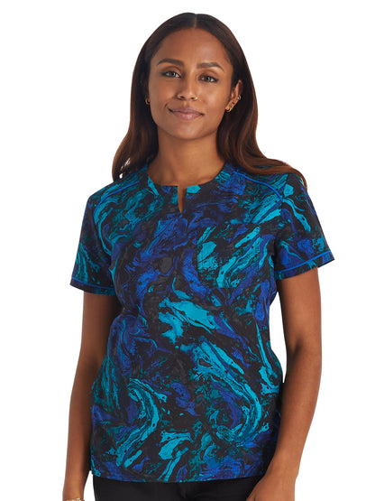 Women's 3-Pocket Round Neck Print Scrub Top - IP723 - Mineral Marble