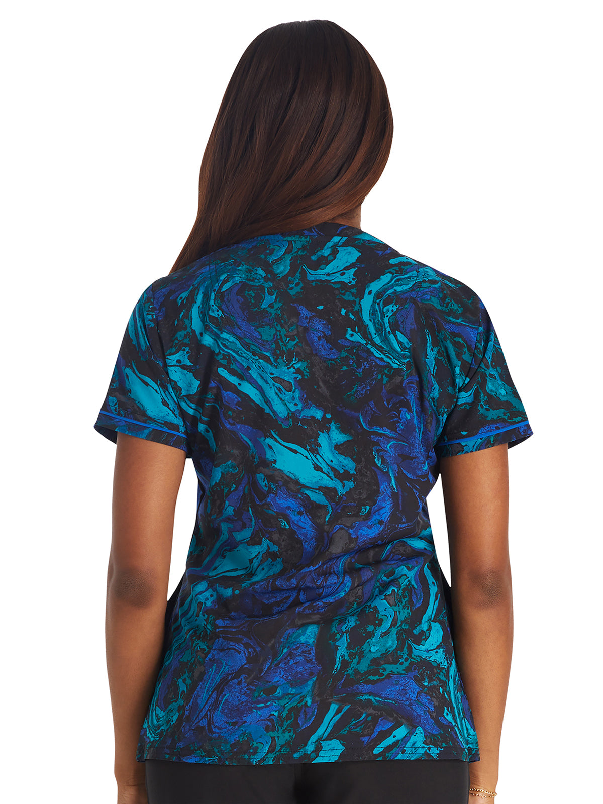 Women's 3-Pocket Round Neck Print Scrub Top - IP723 - Mineral Marble