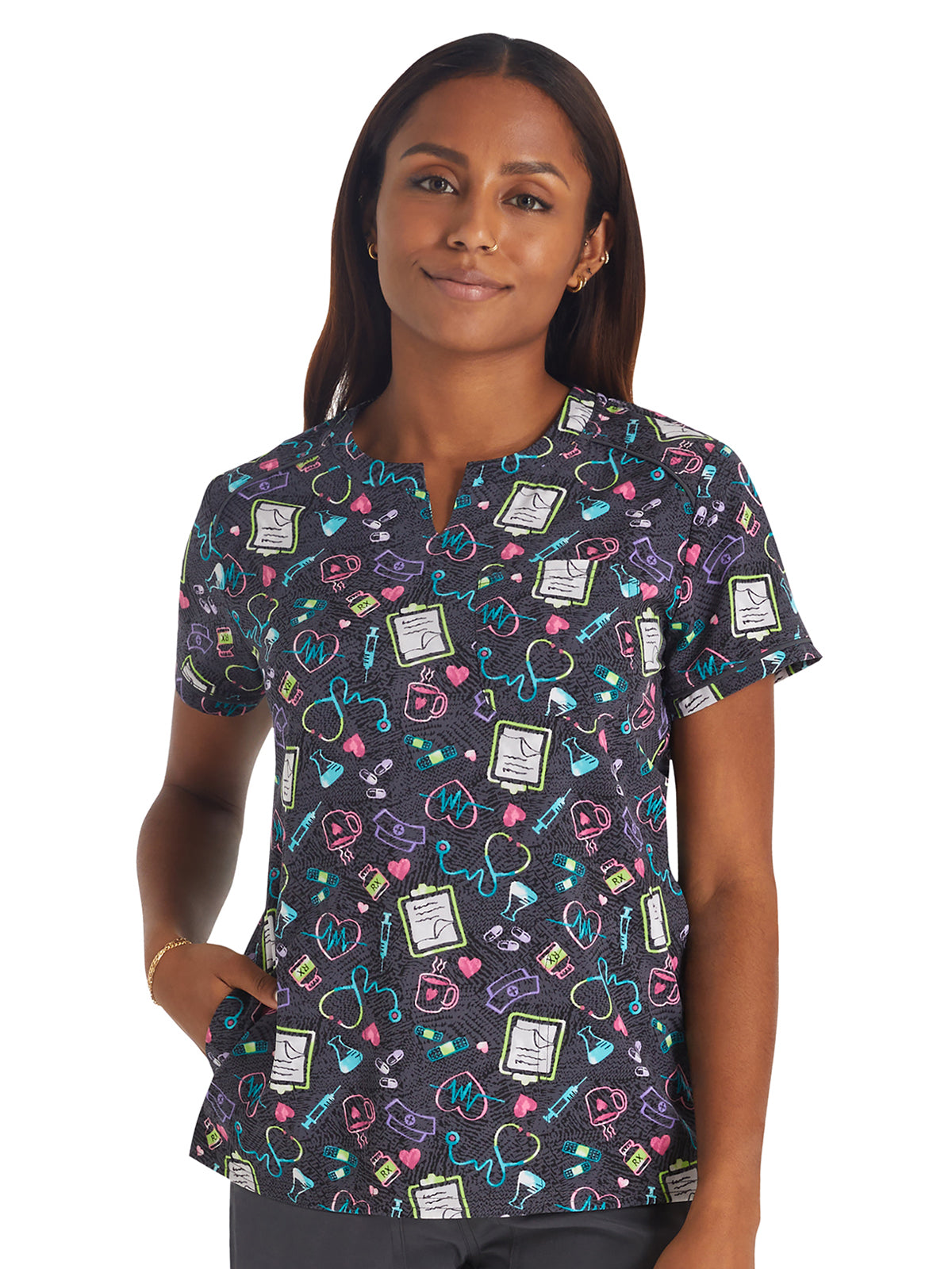 Women's 3-Pocket Round Neck Print Scrub Top - IP723 - Nurse All Day